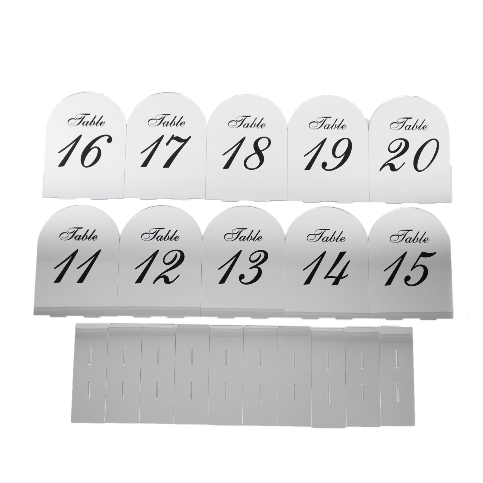 Silver Mirror Arch Acrylic Table Numbers (11 - 20) - 6"x7" Wedding Reception Signs with Black Print & Stands - Bell Racket Store