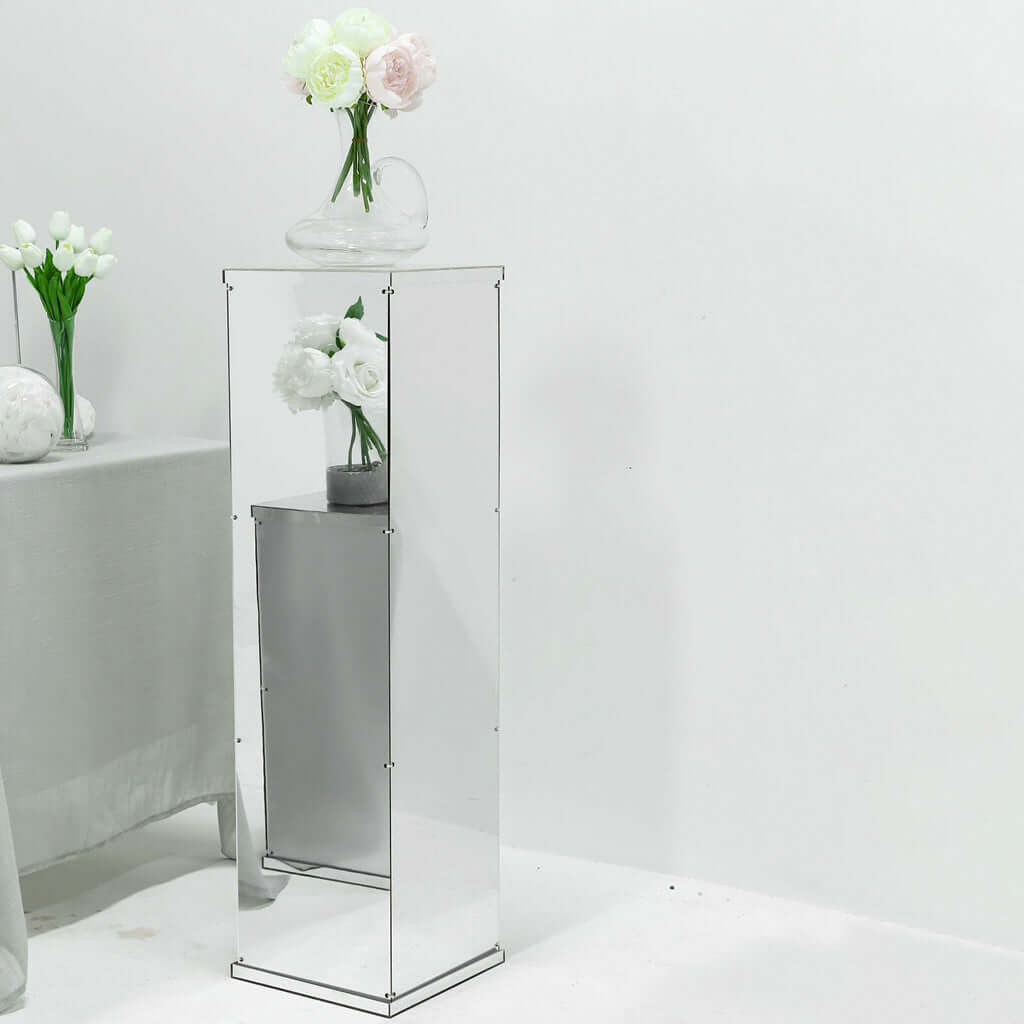 40" Floor Standing Silver Mirror Finish Acrylic Display Box, Pedestal Riser with Interchangeable Lid and Base