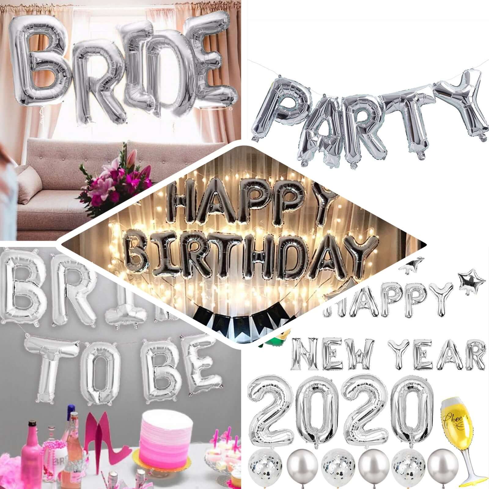 35" Silver Letter and Number Balloons, Metallic Mylar Foil Helium Air Balloons