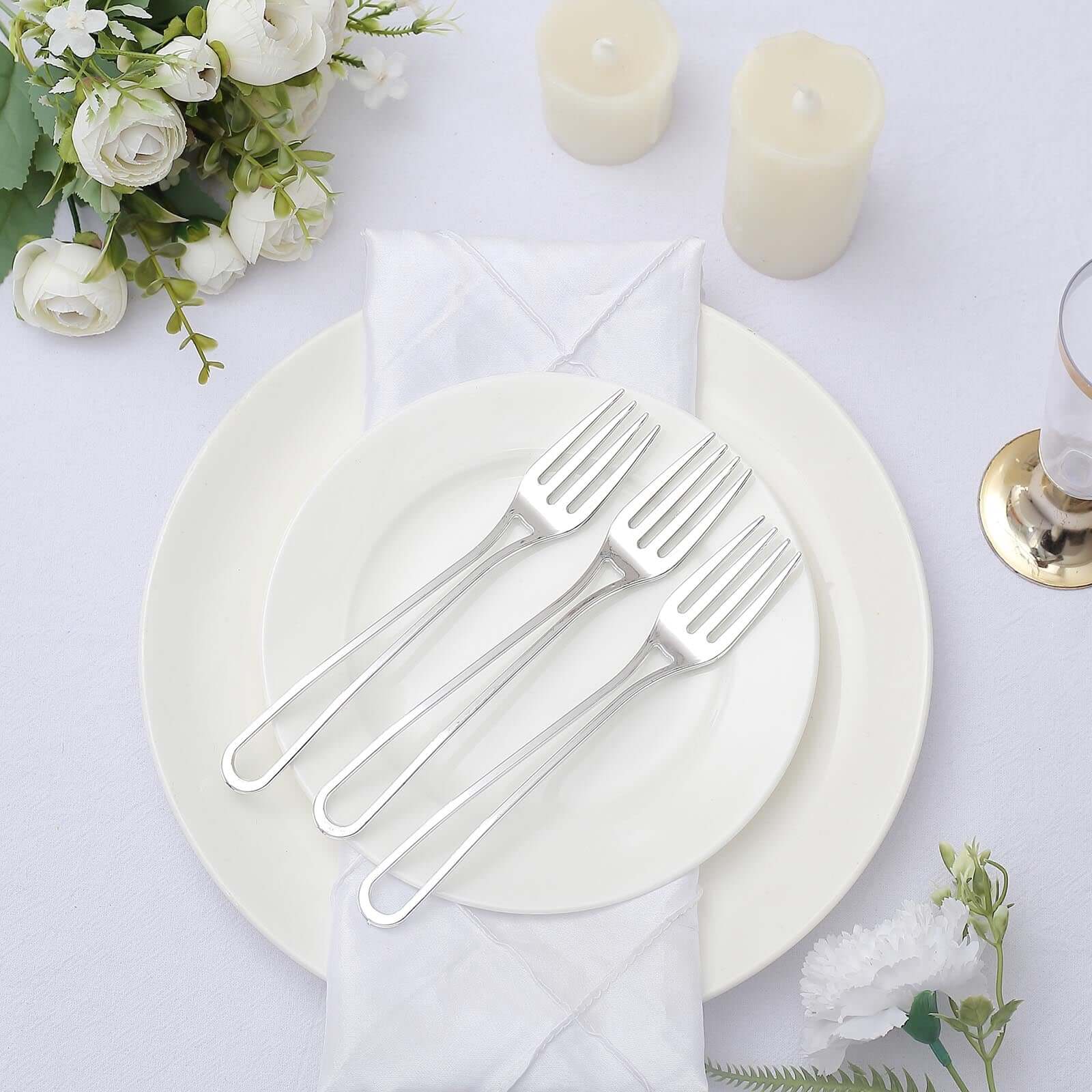 24-Pack Plastic Forks with Modern Hollow Handle Design Silver - Stylish Disposable Utensils 7"