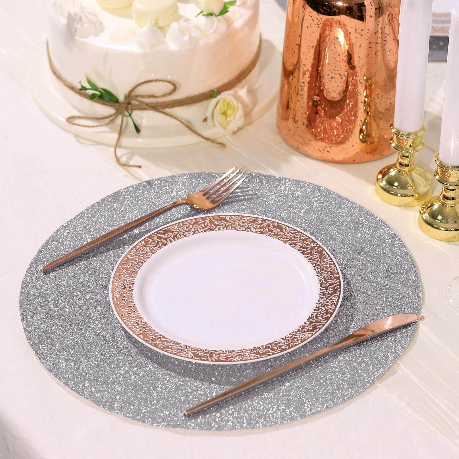 6-Pack Placemats Glitter Design Silver Sparkle Round - Non-Slip Decorative Dining Table Mats 13"