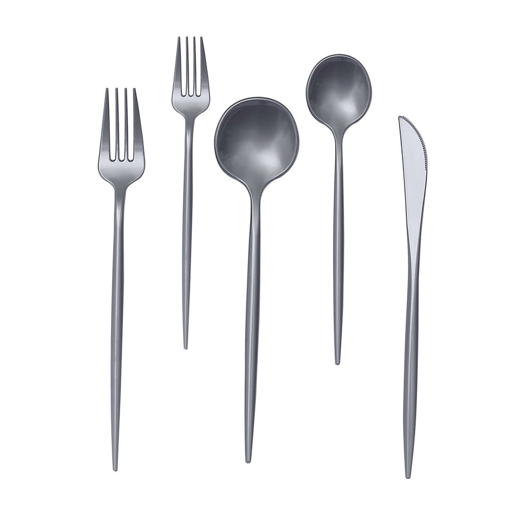 50 Pack Heavy Duty Plastic Utensil Set in Silver, Disposable Dinner and Dessert Cutlery Combo Set