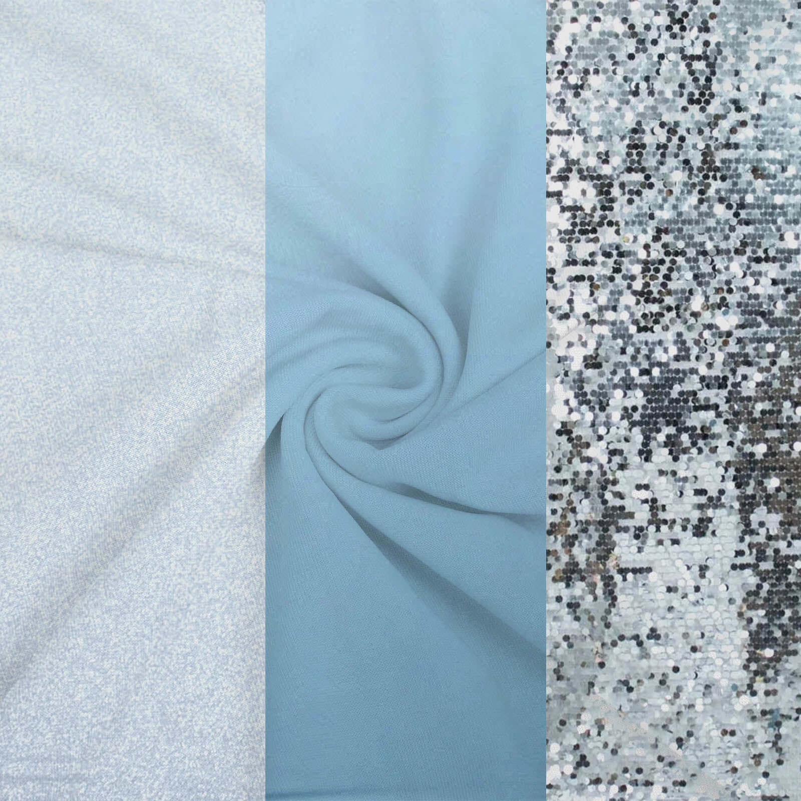 Set of 3 Dusty Blue Silver Round Top Fit Wedding Arch Frame Covers, Big Payette Sequin, Shimmer Tinsel and Matte Spandex Backdrop Stand Covers