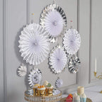 Set of 8 Silver White Hanging Paper Fan Decorations, Pinwheel Wall Backdrop Party Kit - 4", 8", 12", 16"