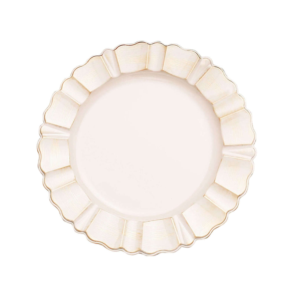 6-Pack Acrylic Plastic Round Charger Plates 13" in Beige with Gold Brushed Wavy Scalloped Rim, Decorative Dinner Party Charger Tableware