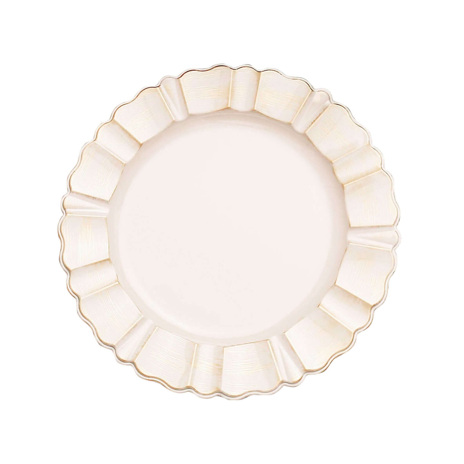 6-Pack Acrylic Plastic Round Charger Plates 13" in Beige with Gold Brushed Wavy Scalloped Rim, Decorative Dinner Party Charger Tableware