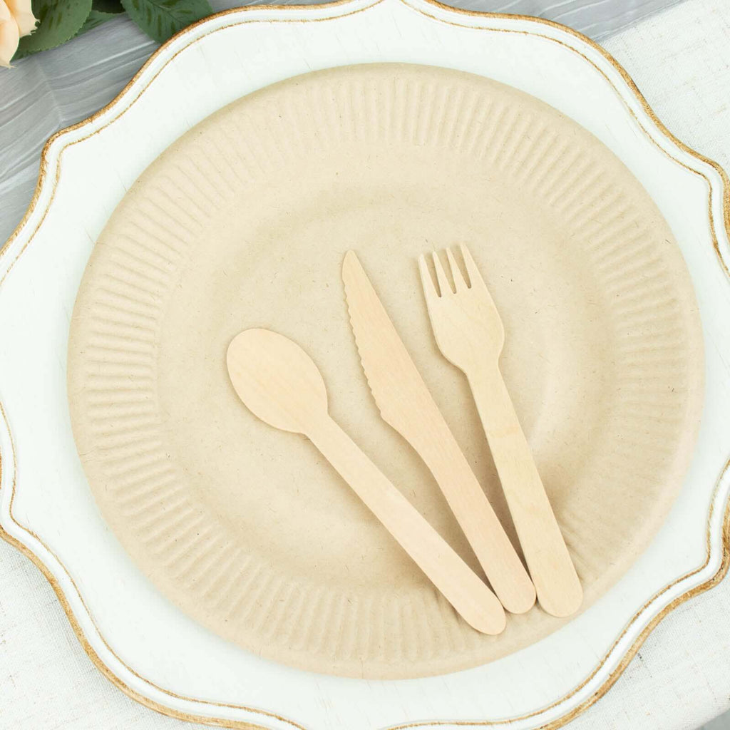 50-Pack Bagasse 10" Round Dinner Plates in Natural with Ribbed Rim - Eco Friendly Biodegradable Sugarcane Party Plates for Events