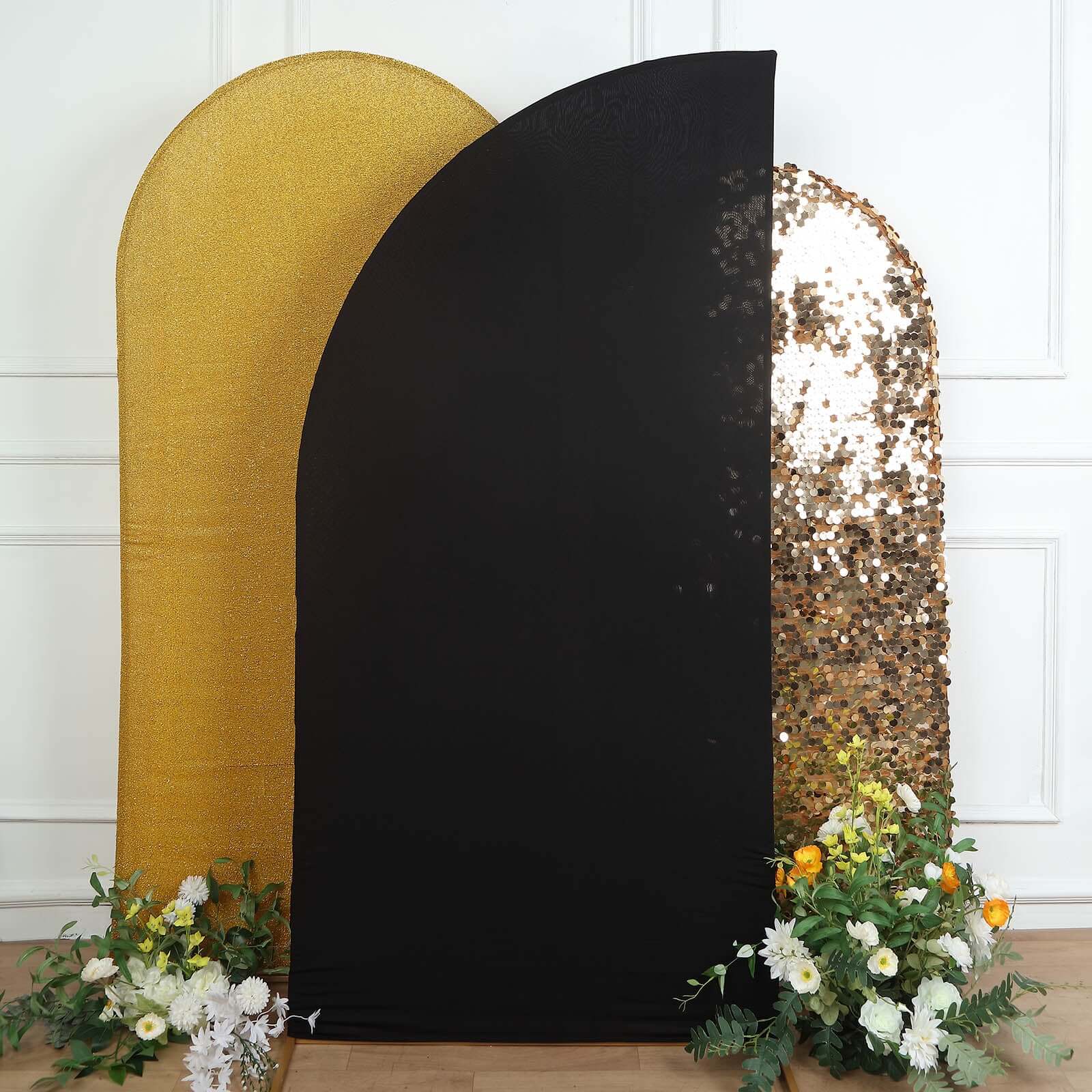 7ft Matte Black Spandex Half Moon Chiara Backdrop Stand Cover, Custom Fitted Wedding Arch Cover