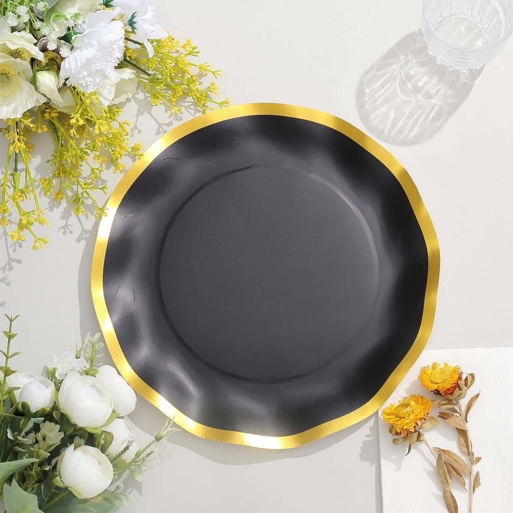 25-Pack Paper Round Dinner Plates 10" Matte Black with Gold Wavy Rim - Disposable 350GSM Party Plates