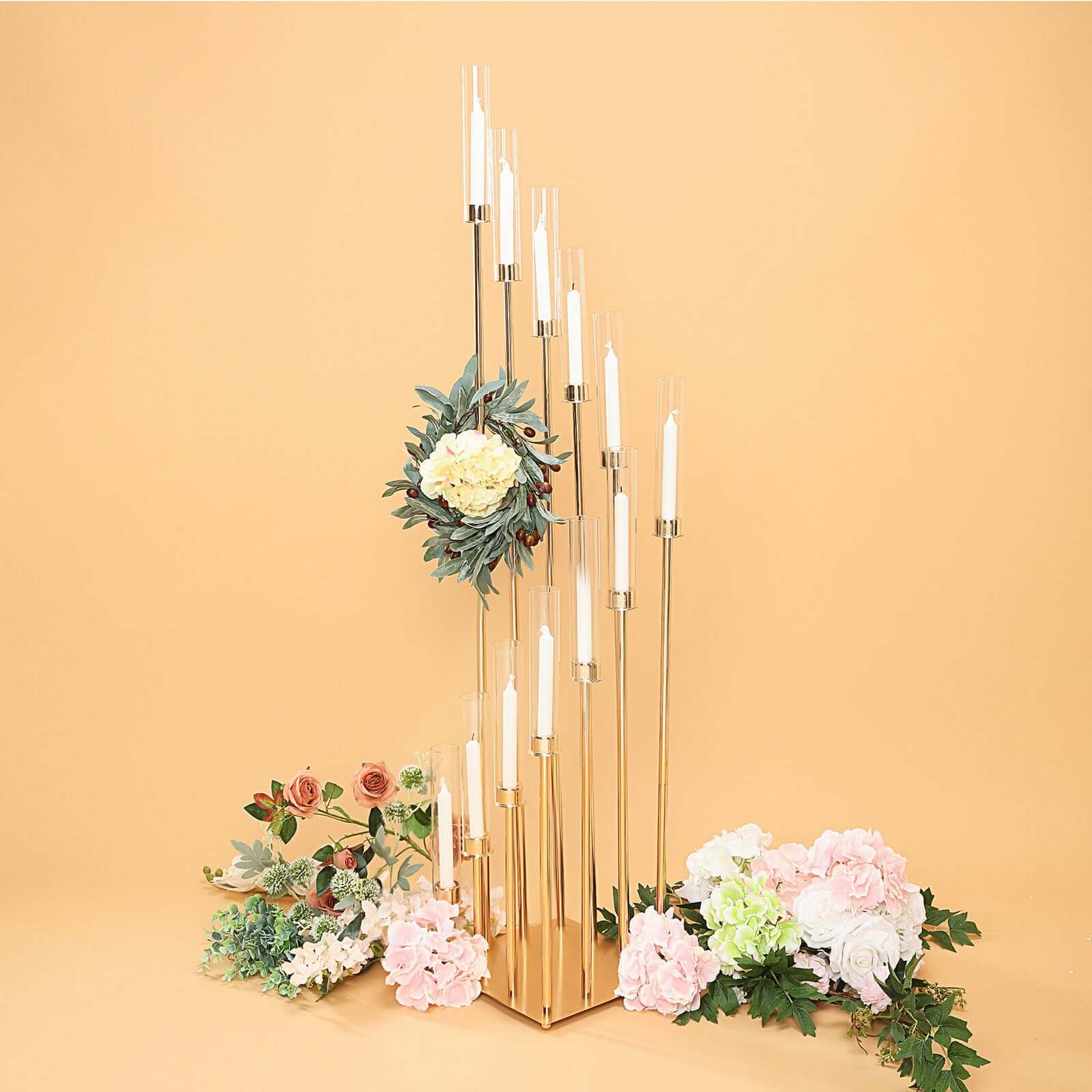 12-Arm Cluster Taper Candle Holder Gold with Clear Glass Shades - Grand Candle Arrangement for Events 57"
