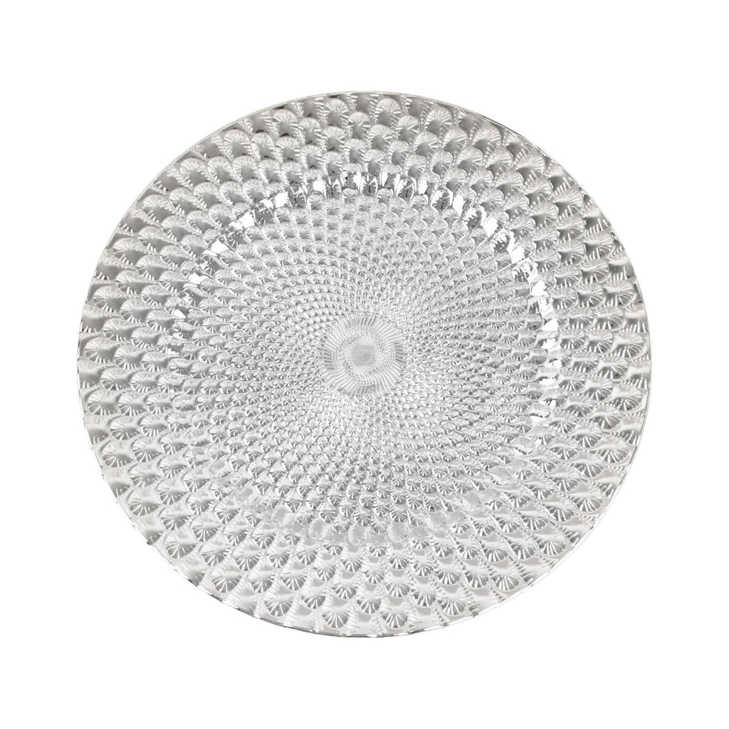 6-Pack Plastic Round Charger Plates 13" in Silver with Peacock Pattern, Exquisite Decorative Dinner Party Charger Tableware