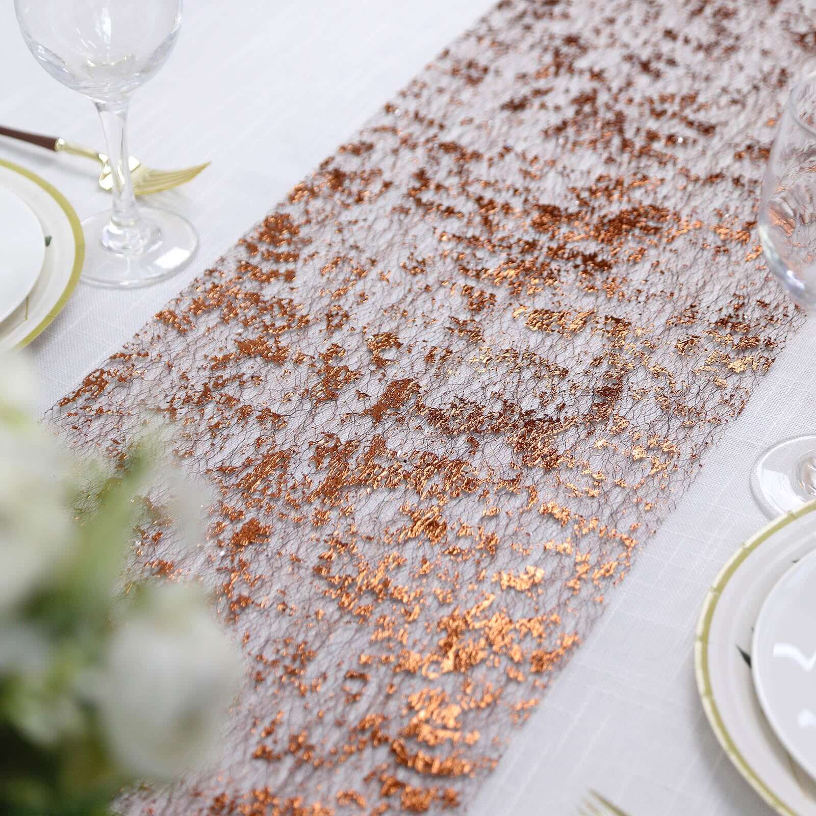 Mesh Polyester 108" Table Runner Roll Metallic Bronze - Distressed Foil Look Disposable Table Decor
