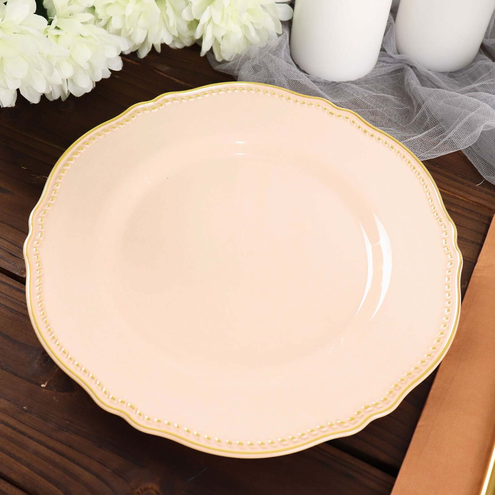 10-Pack Plastic Dinner Plates in Nude with Gold Scalloped Rim - Disposable Party Plates 9"