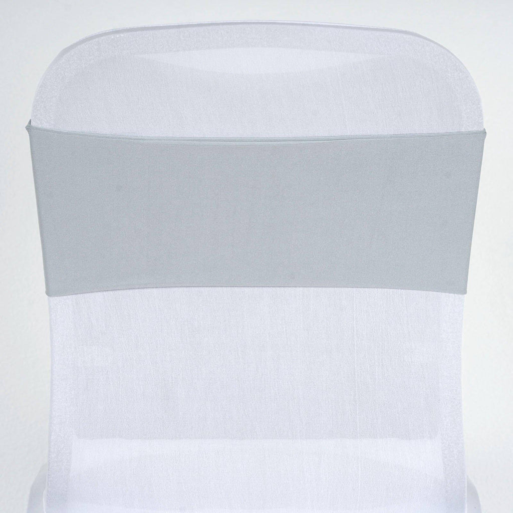 5 Pack Stretch Spandex Chair Sashes Silver - Fitted Finish Two Ply Heavy Duty Chair Bands 5"x12"