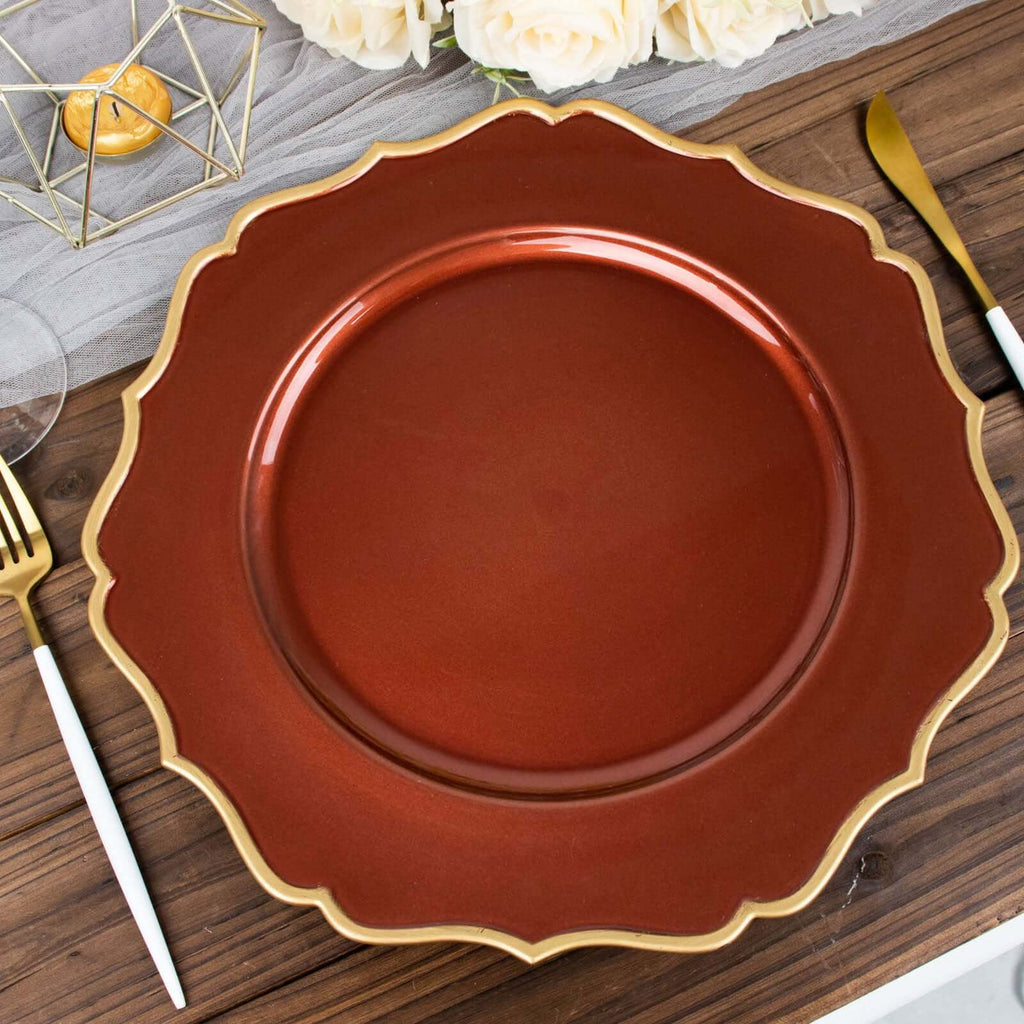 6-Pack Acrylic Round Charger Plates 13" in Terracotta (Rust) with Gold Scalloped Rim, Decorative Dinner Party Plastic Charger Tableware