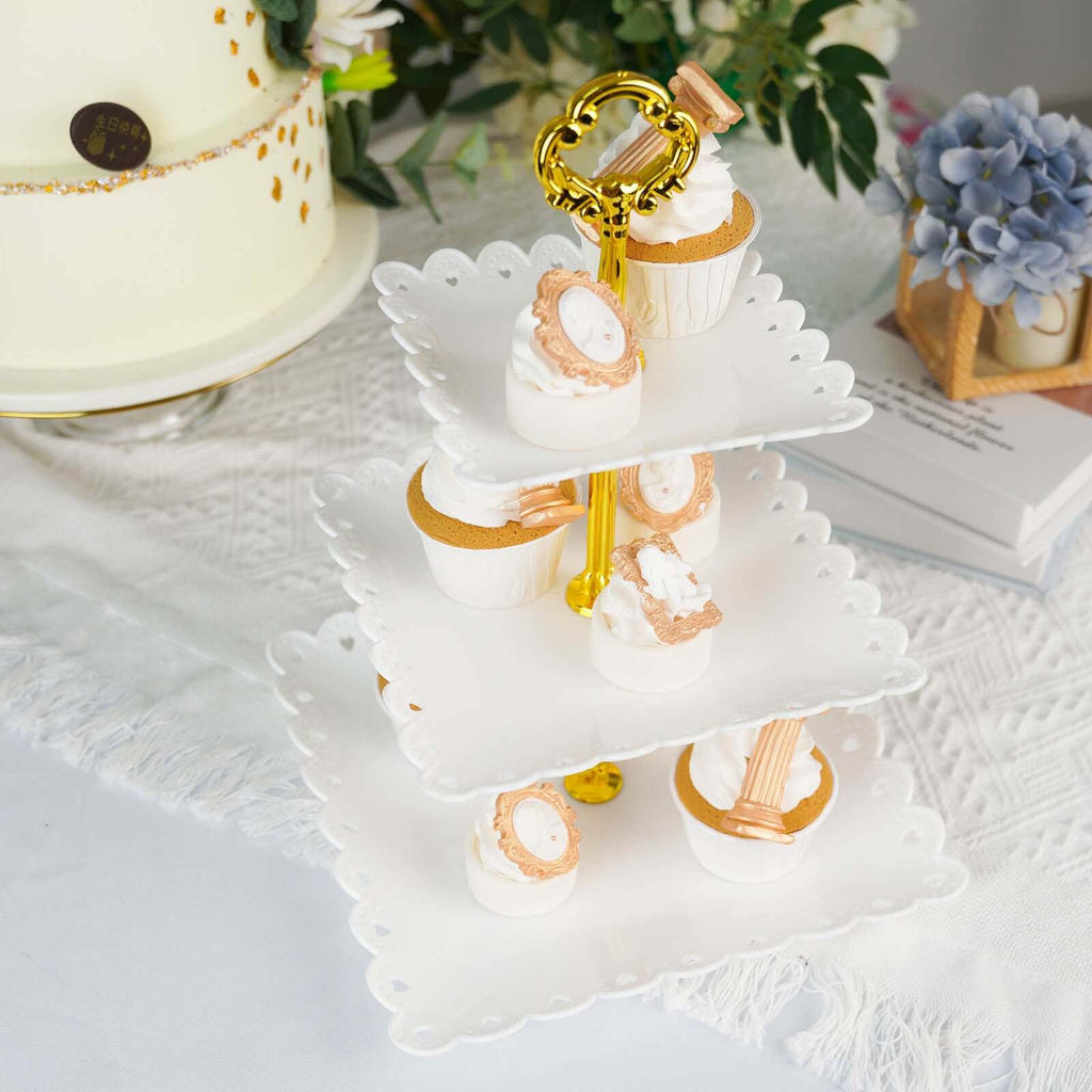3-Tier Plastic Square Cupcake Stand Tower White - Charming Disposable Dessert Display Serving Tray Platter with Heart Wavy Edge & Gold Top Handle for Tea Parties Weddings & Special Occasions 13"