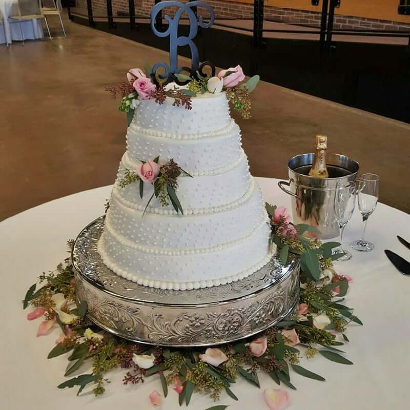 Metal 22" Round Cake Pedestal Stand Matte Silver - Cupcake Dessert Display Riser with Intricate Embossed Design for Upscale Events & Gatherings