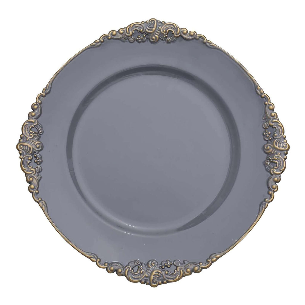 6-Pack Acrylic Round Charger Plates 13" in Charcoal Gray with Gold Embossed Baroque Rim, Antique Decorative Dinner Party Charger Tableware