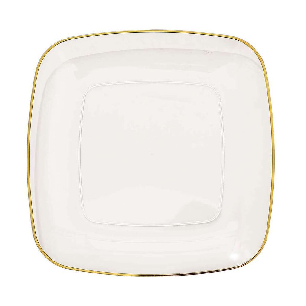 10-Pack Plastic 10" Square Dinner Plates in Clear with Gold Rim - Classy Disposable Lunch Party Plates
