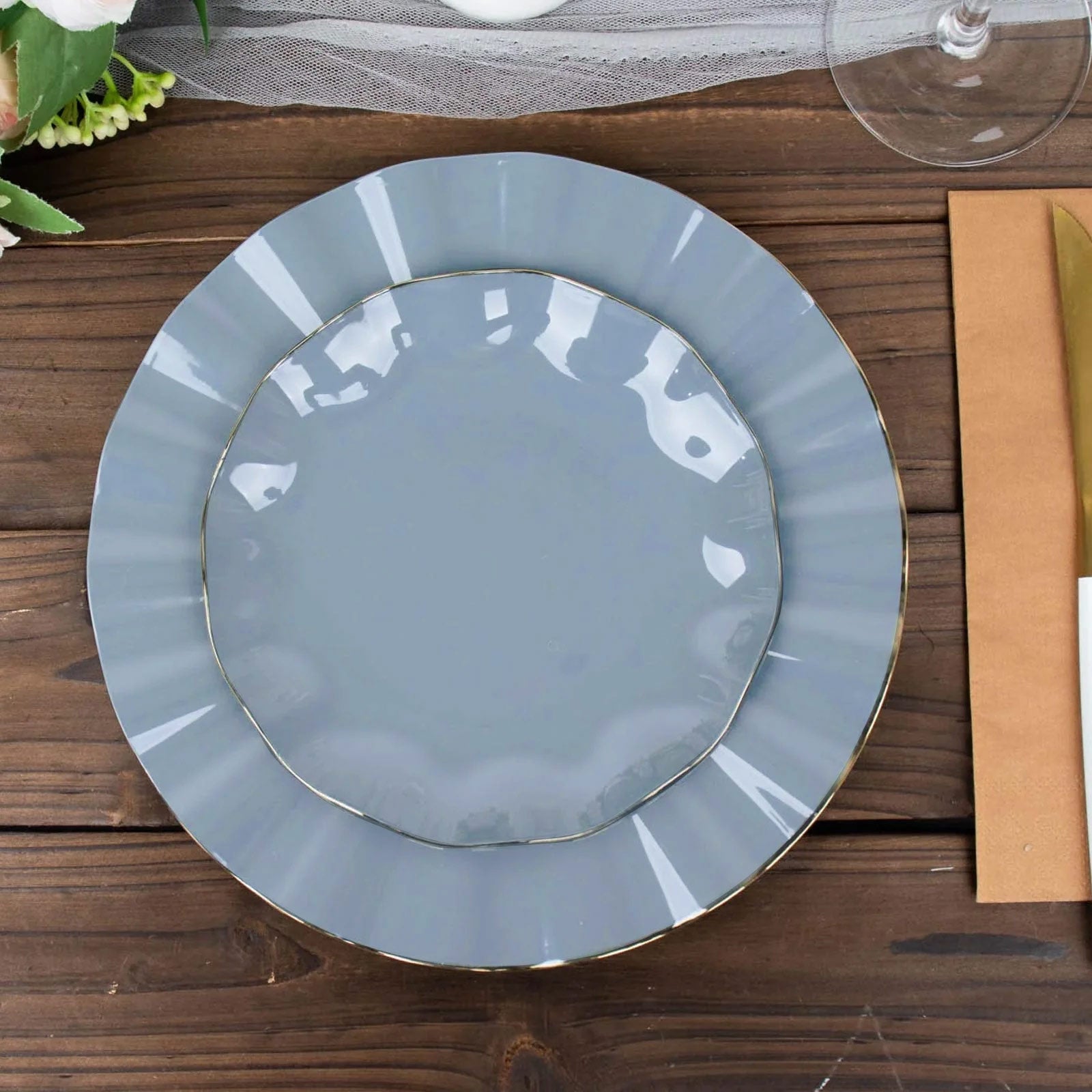 10-Pack Plastic Round 6" Dessert Plates in Dusty Blue Ruffled Rim with Gold Edging - Sturdy Disposable Salad Appetizer Dinnerware