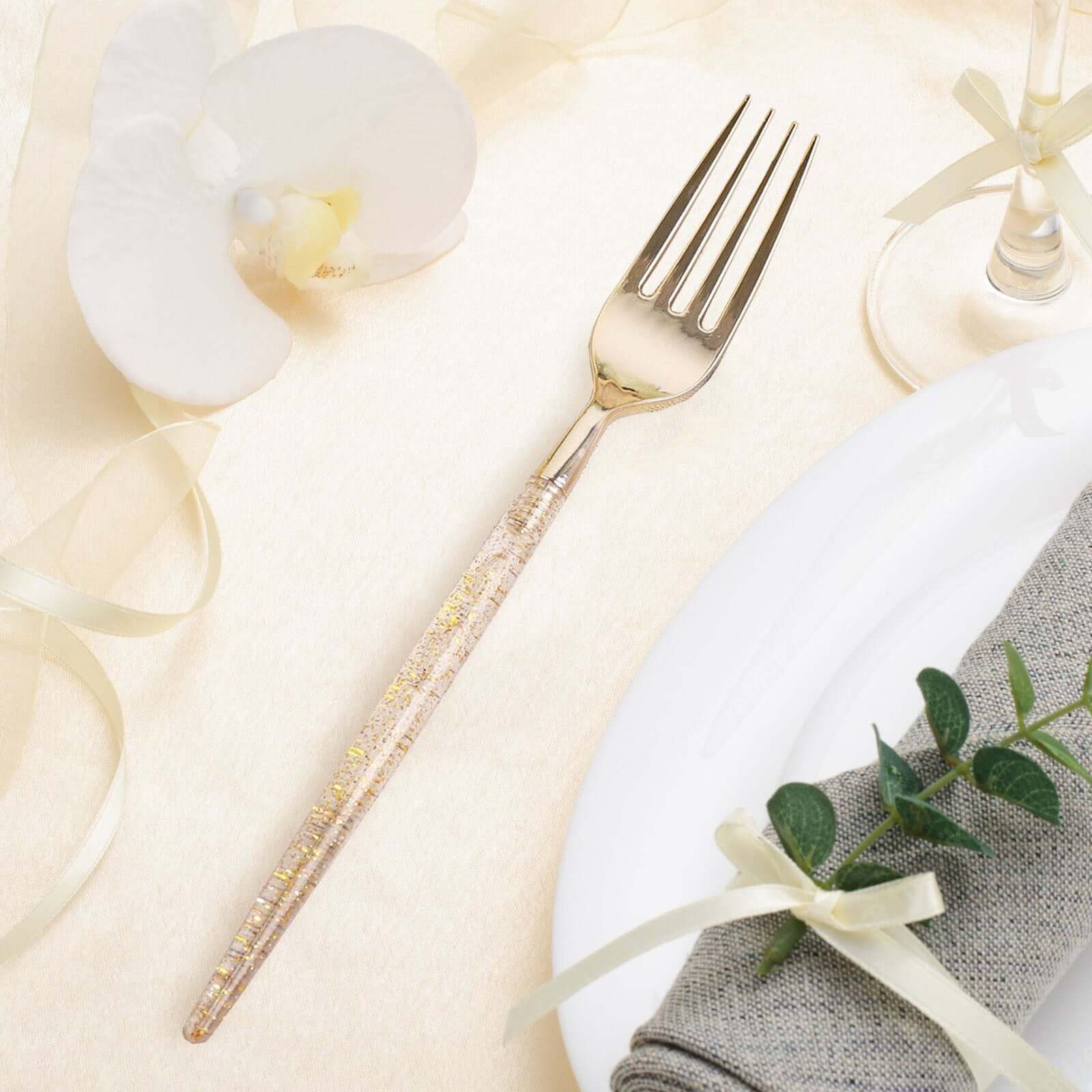 24-Pack Plastic Forks with Gold Glitter - Disposable Silverware Cutlery for Events