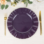 10-Pack Plastic 11" Round Dinner Plates in Purple Ruffled Rim with Gold Edging - Sturdy Disposable Dinnerware