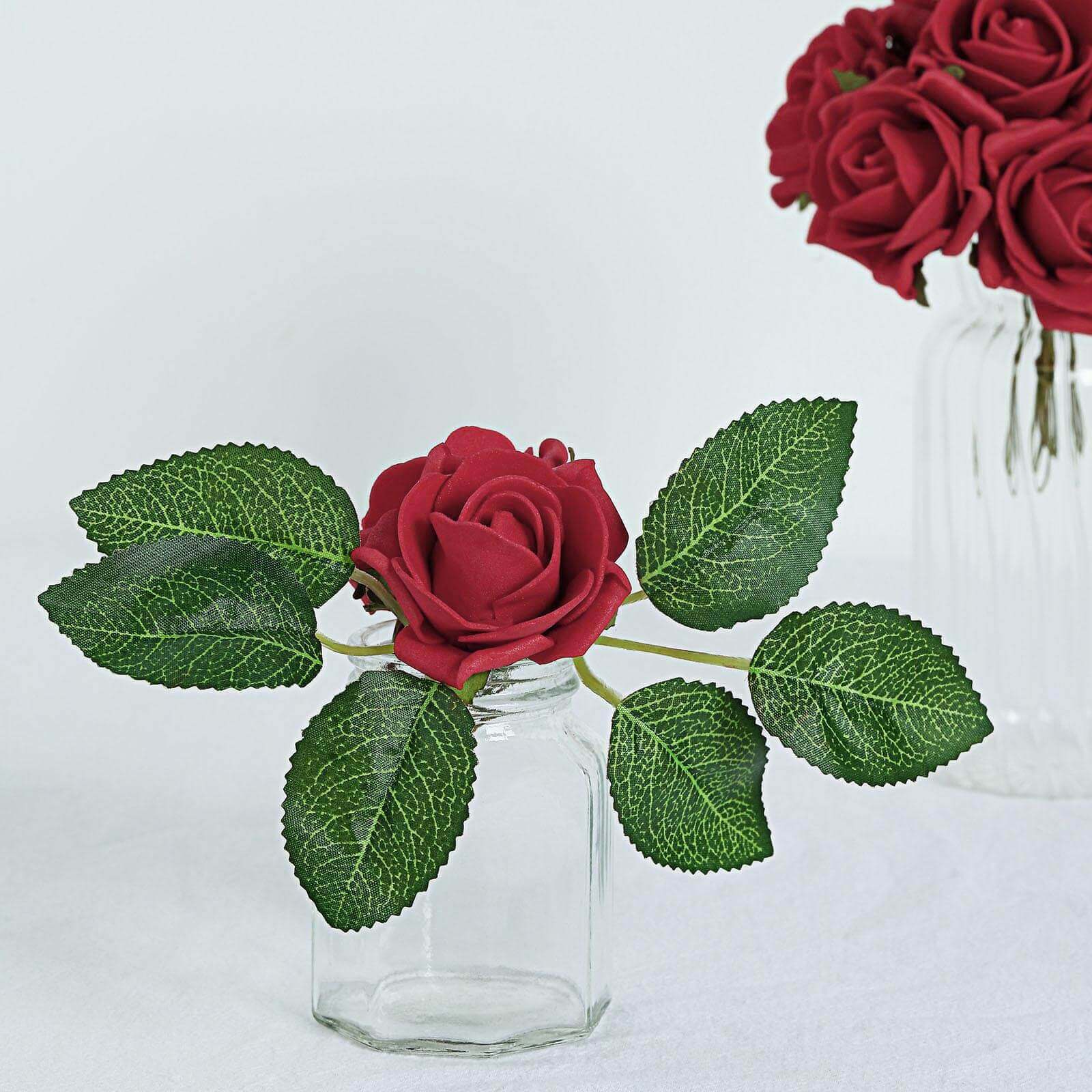 24 Roses 2" Red Artificial Foam Flowers With Stem Wire and Leaves