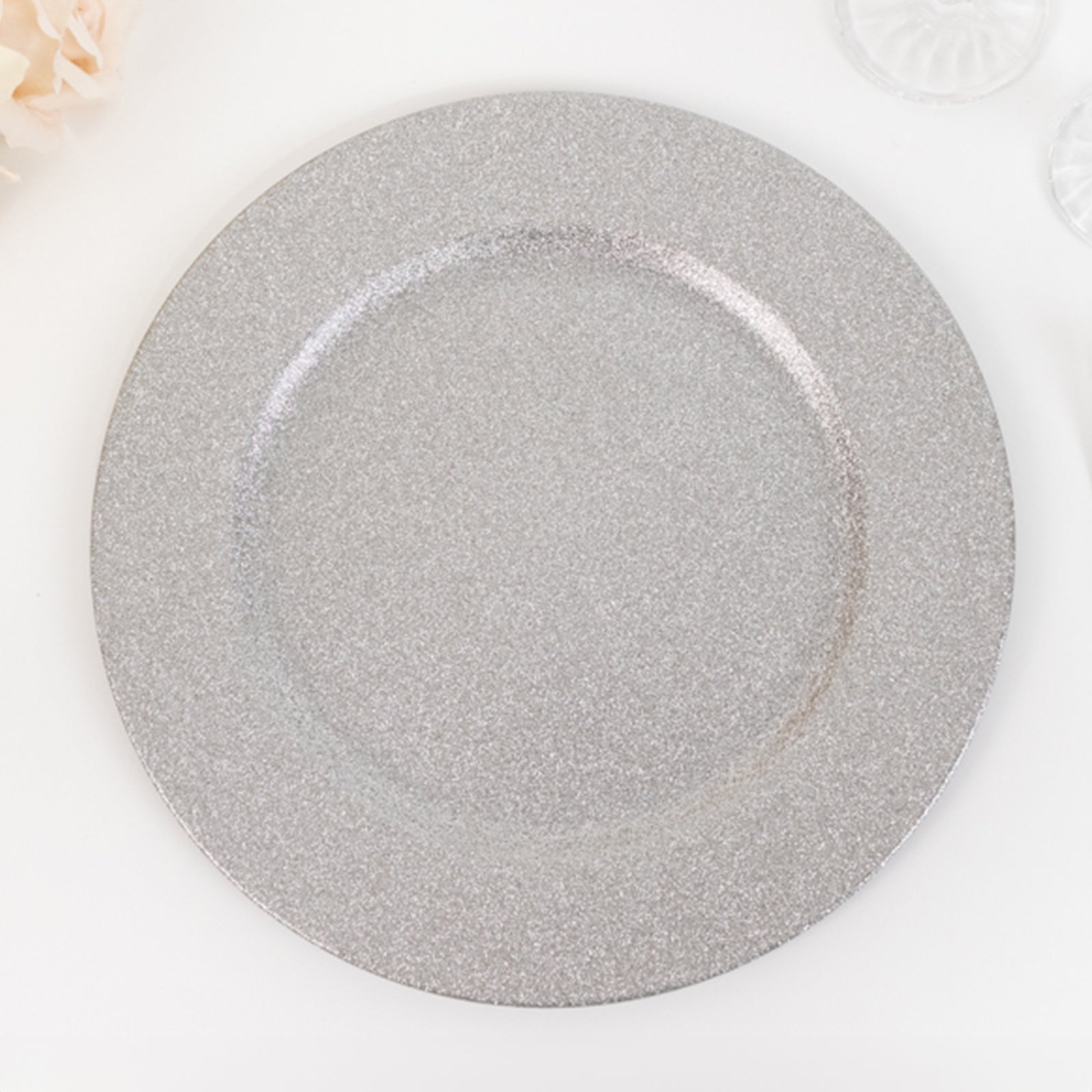 6-Pack Acrylic Plastic Round Charger Plates 13" in Silver with Dust Free Glitter Finish, Decorative Dinner Party Charger Tableware