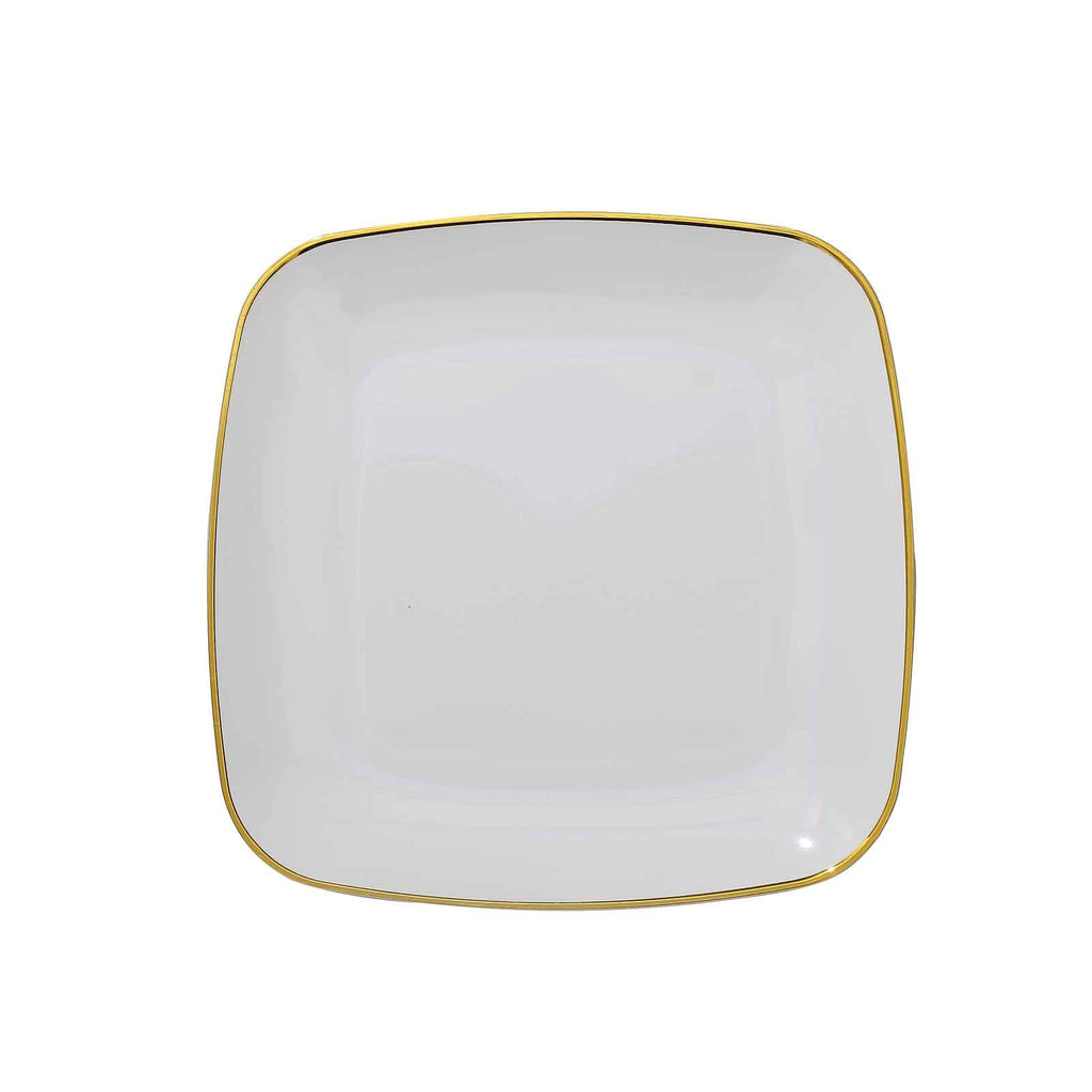 10-Pack Plastic 7" Square Dessert Plates in White with Gold Rim - Classy Disposable Appetizer Salad Plates for Weddings & Special Events