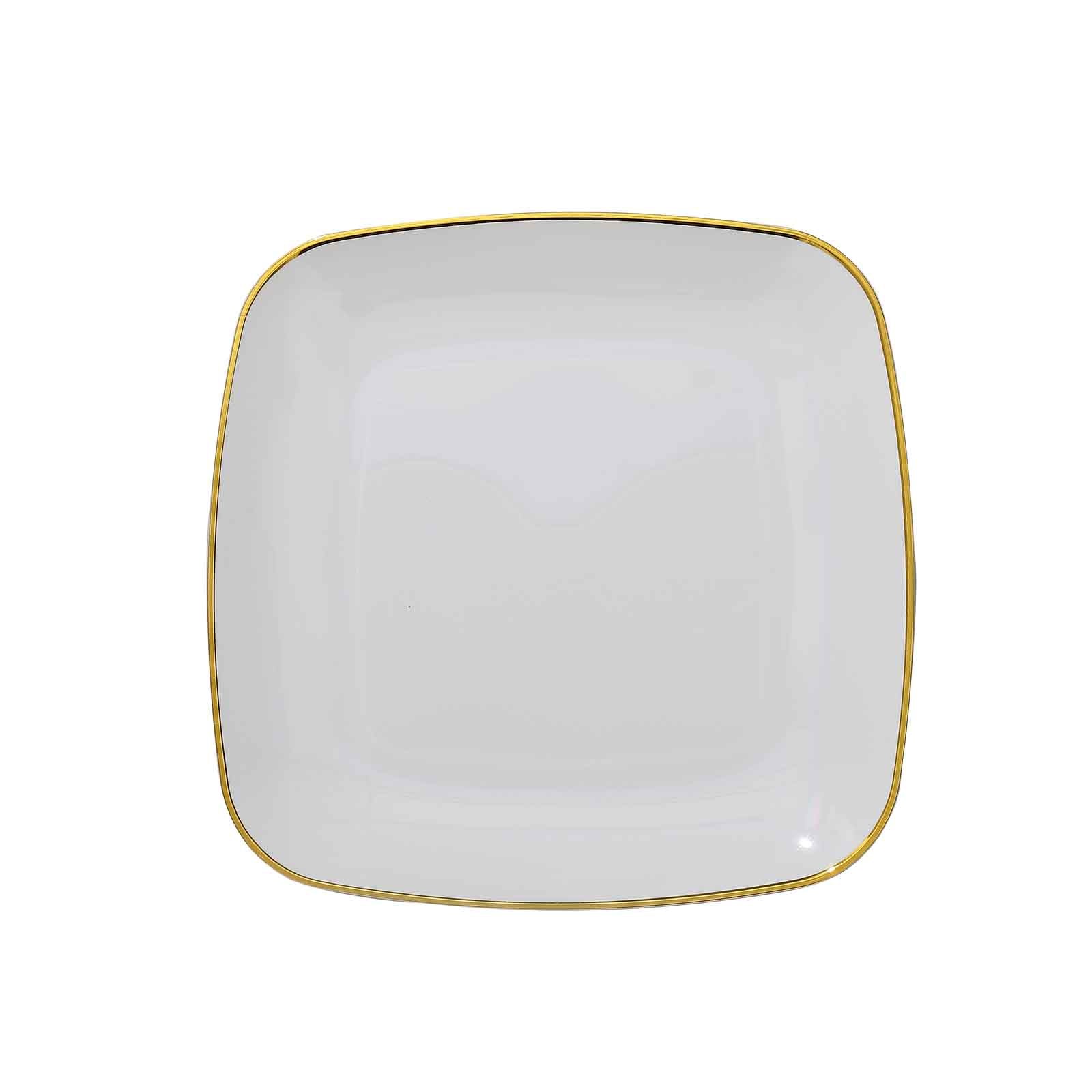 10-Pack Plastic 7" Square Dessert Plates in White with Gold Rim - Classy Disposable Appetizer Salad Plates for Weddings & Special Events