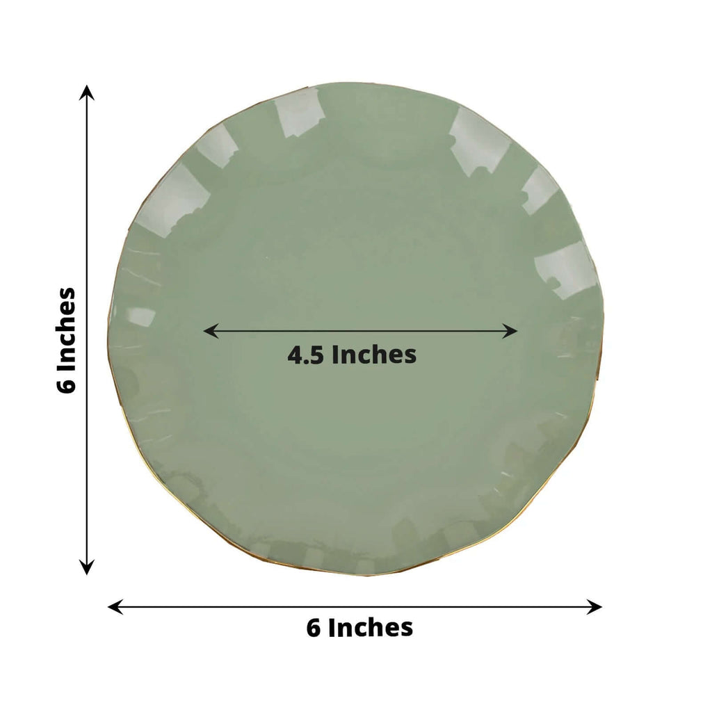 10-Pack Plastic Round 6" Dessert Plates in Dusty Sage Green Ruffled Rim with Gold Edging - Sturdy Disposable Salad Appetizer Dinnerware