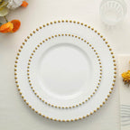 10-Pack White Plastic Dessert Plates â€“ 8" Round with Gold Beaded Rim, Disposable for Parties & Events