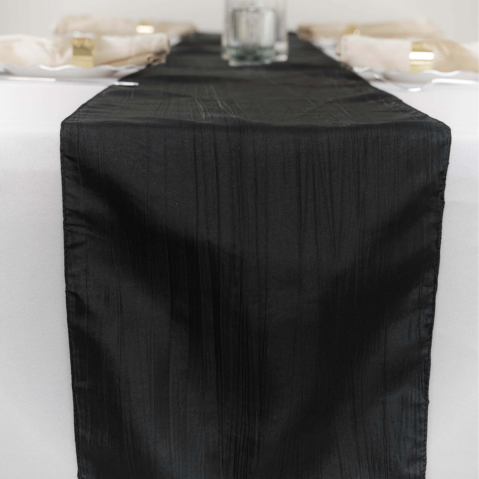 Taffeta 12"x108" Table Runner Black - Accordion Crinkle Design