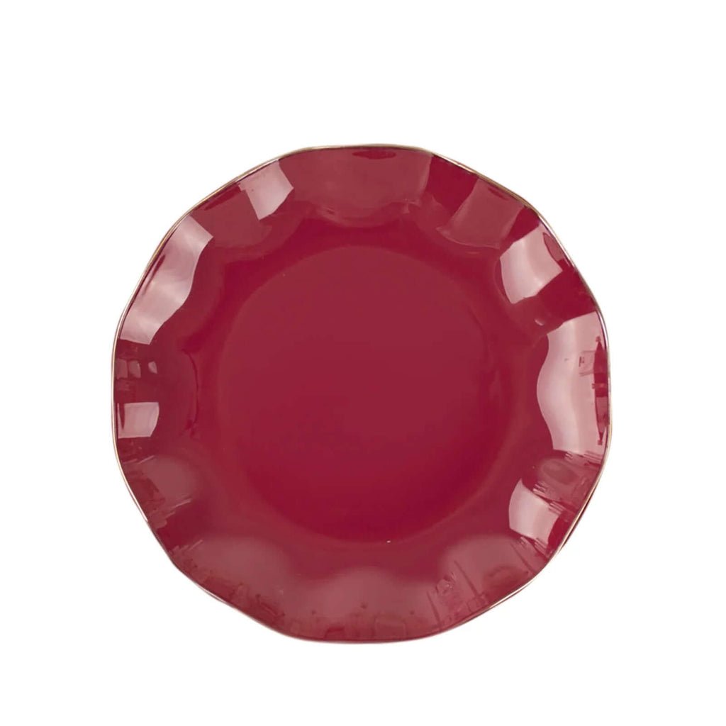 10-Pack Plastic Round 6" Dessert Plates in Burgundy Ruffled Rim with Gold Edging - Sturdy Disposable Salad Appetizer Dinnerware