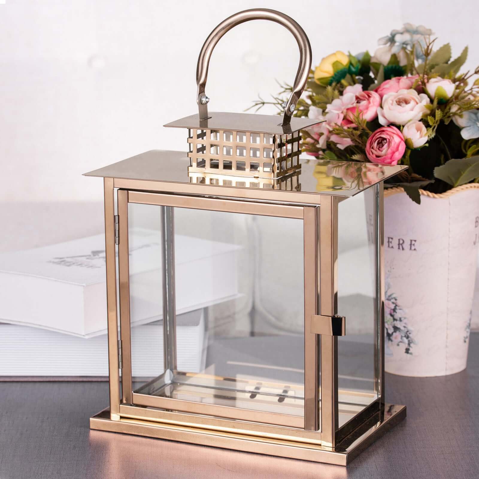 Stainless Steel Candle Lantern Cage Top Design Rose Gold - Outdoor Metal Patio Lantern Centerpiece 10"