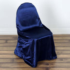Satin Chair Cover Self-Tie Universal Design Navy Blue - Durable Slip-On Cover for Folding, Dining, Banquet & Standard Chairs