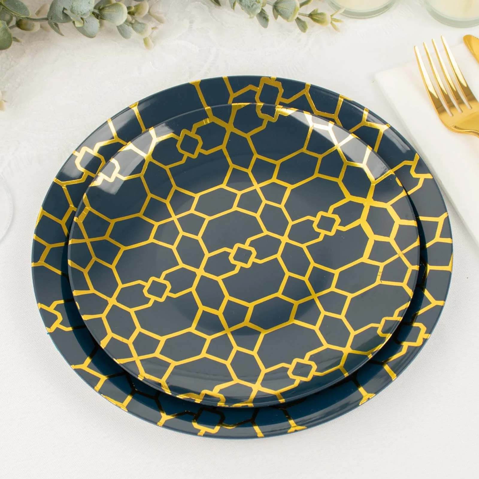 20-Pack Set Plastic Round Dinner and Salad Plates in Navy Blue with Geometric Gold Print - Modern Disposable Dinnerware Set for Weddings & Celebrations 9", 7"