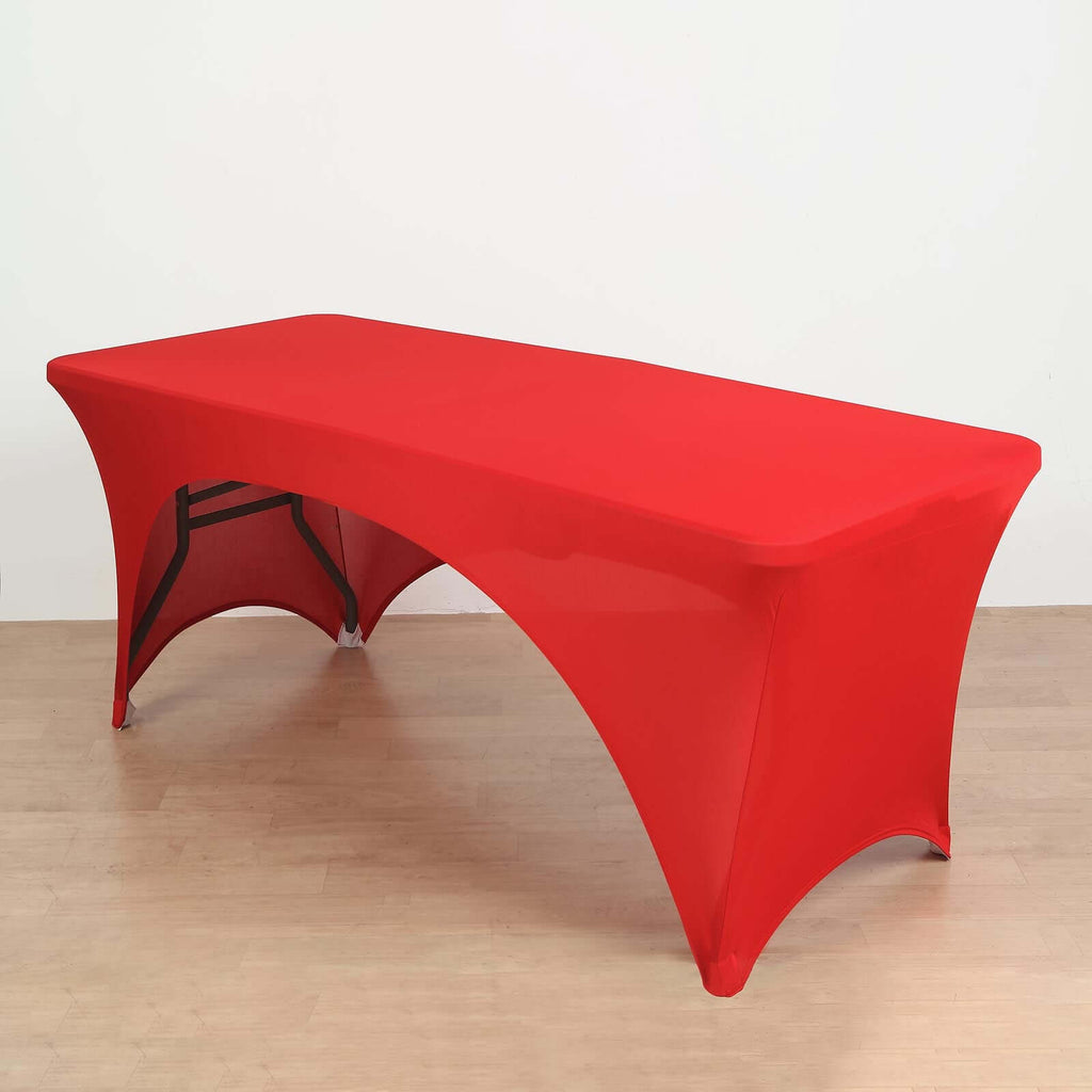 Stretch Spandex 96"x30" Rectangle Table Cover Red with Curved Open Back Design Tailored Professional Look