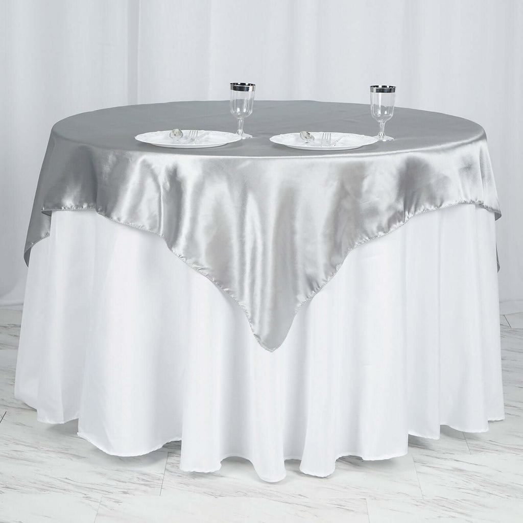 Satin 60"x60" Table Overlay Square Tablecloth Silver - Smooth Silky Touch Table Cover