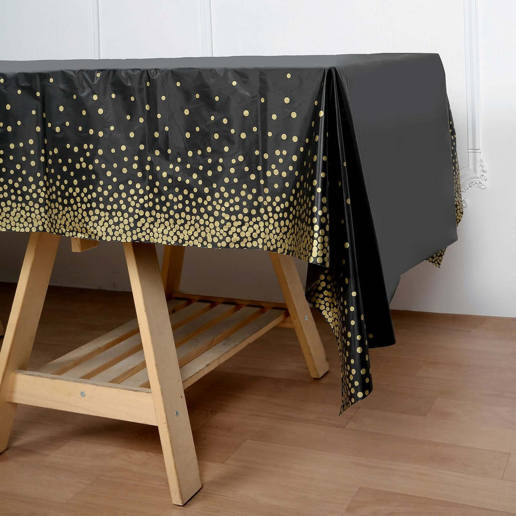 5-Pack Plastic Table Covers Black Rectangle with Gold Confetti Dots - Durable PVC Disposable Tablecloths for Events 54"x108"