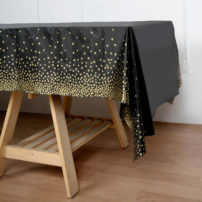 5-Pack Plastic Table Covers Black Rectangle with Gold Confetti Dots - Durable PVC Disposable Tablecloths for Events 54"x108"