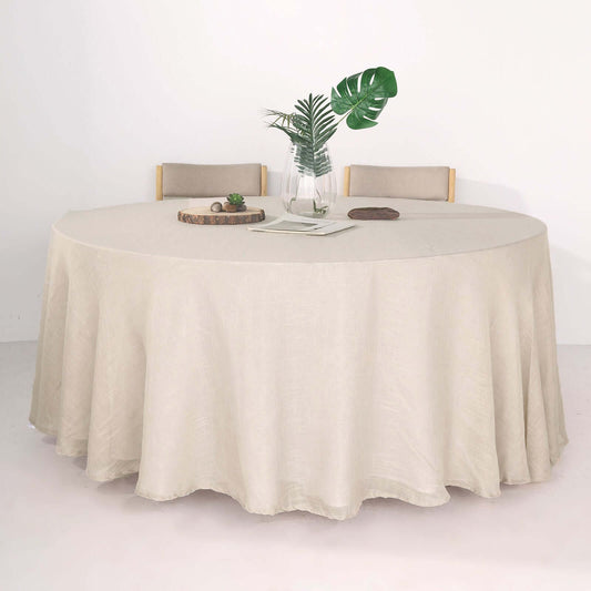 Faux Linen 120" Round Tablecloth Beige - Slubby Texture Wrinkle-Resistant Seamless Table Cover