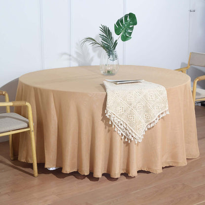 Faux Linen 120" Round Tablecloth Natural - Slubby Texture Wrinkle-Resistant Seamless Table Cover