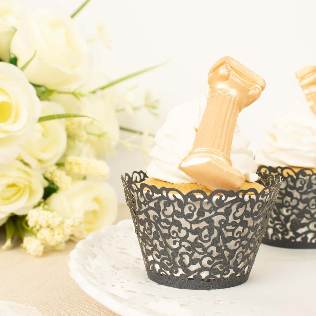 25-Pack Paper Cupcake Wrappers Lace Laser Cut Design Black - Muffin Baking Cup Trays for Events