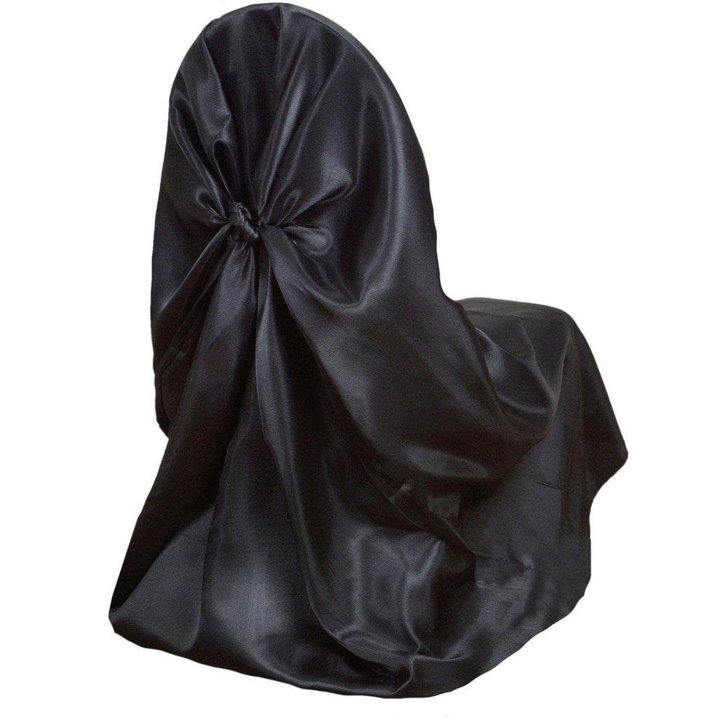 Satin Chair Cover Self-Tie Universal Design Black - Durable Slip-On Cover for Folding, Dining, Banquet & Standard Chairs
