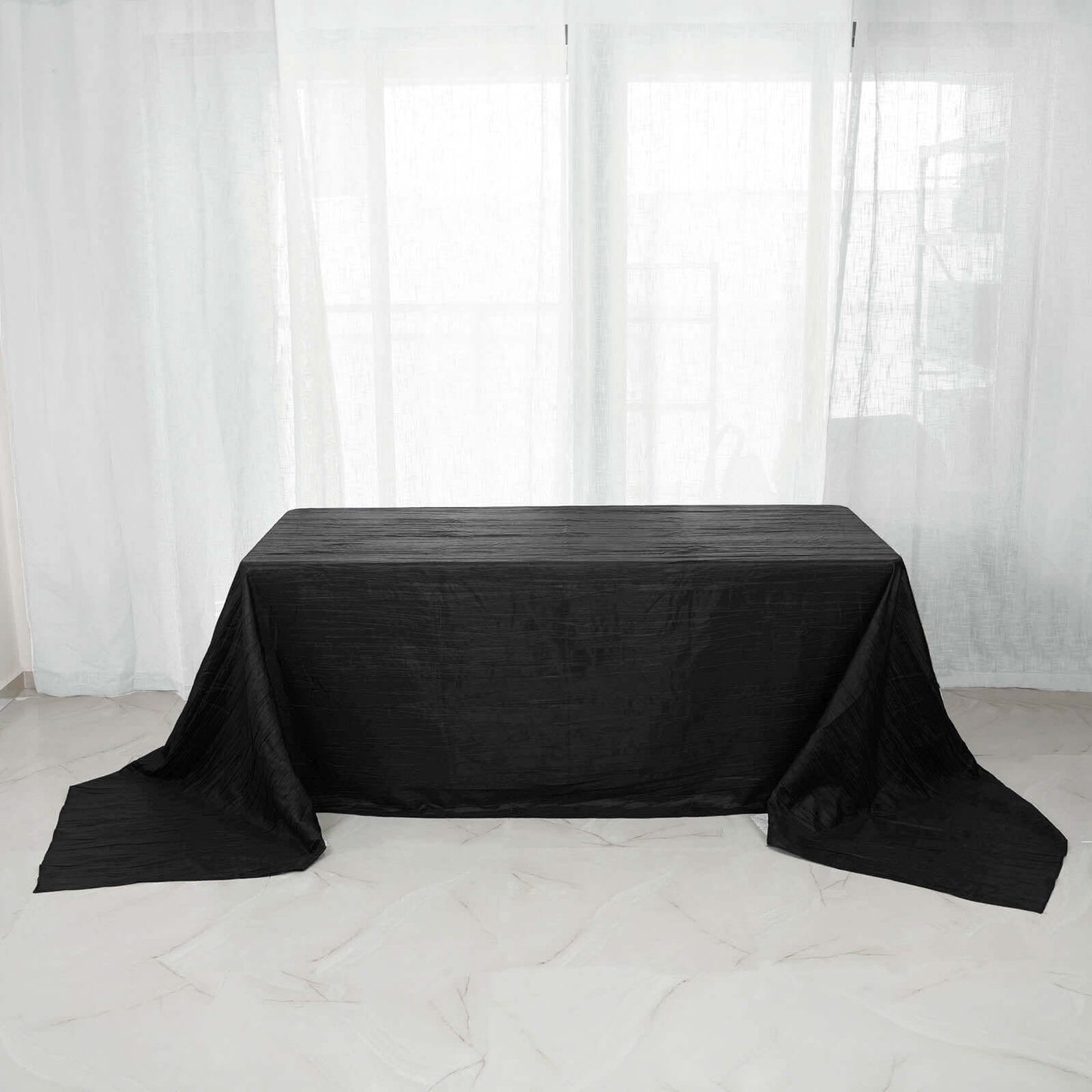 Taffeta 90"x156" Rectangle Tablecloth Black - Accordion Crinkle Seamless Table Cover