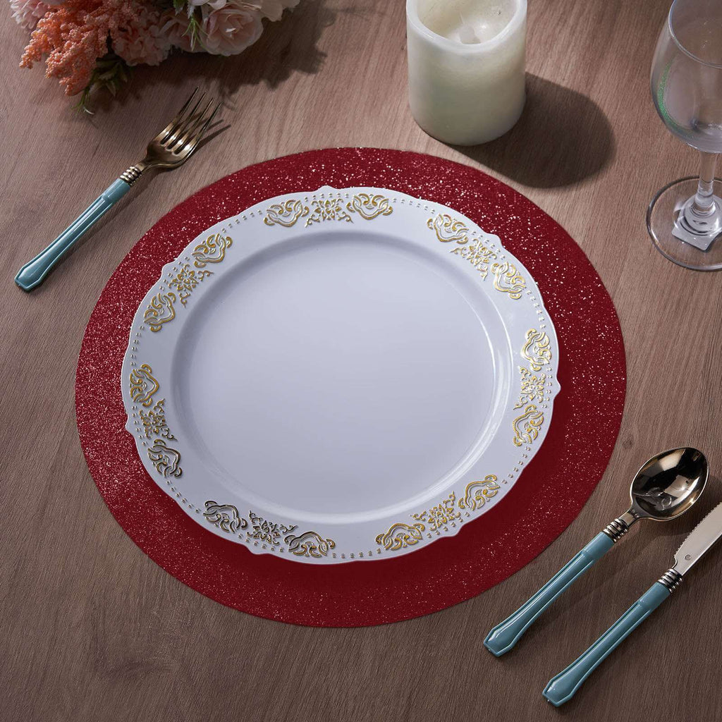 6-Pack Placemats Glitter Design Burgundy Sparkle Round - Non-Slip Decorative Dining Table Mats 13"