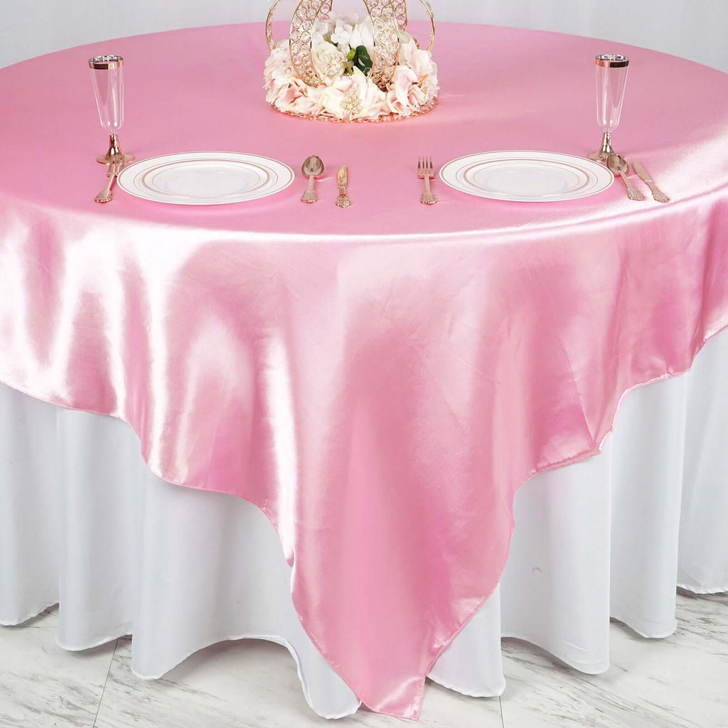 Satin 90"x90" Table Overlay Square Tablecloth Pink - Smooth Finish Table Topper