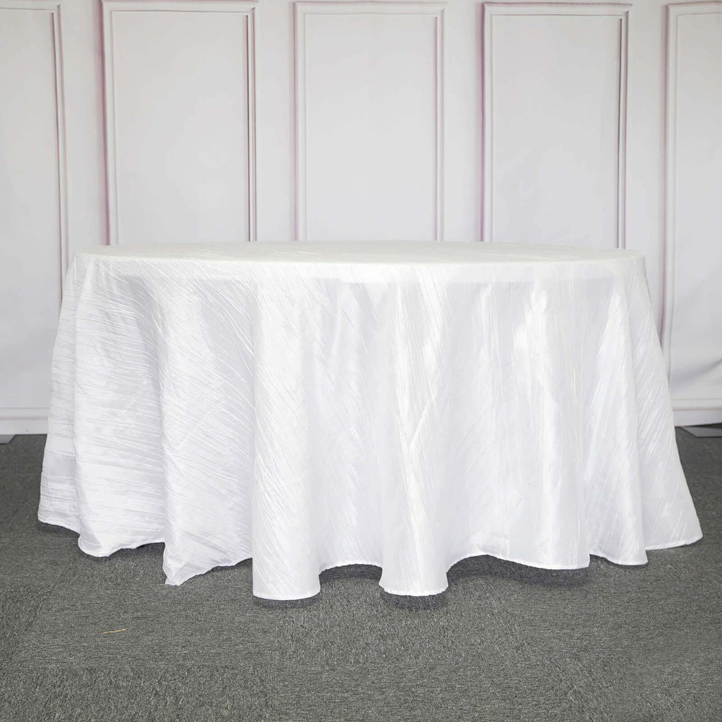 Taffeta 120" Round Tablecloth White - Seamless Accordion Crinkle Design for Stylish Occasions