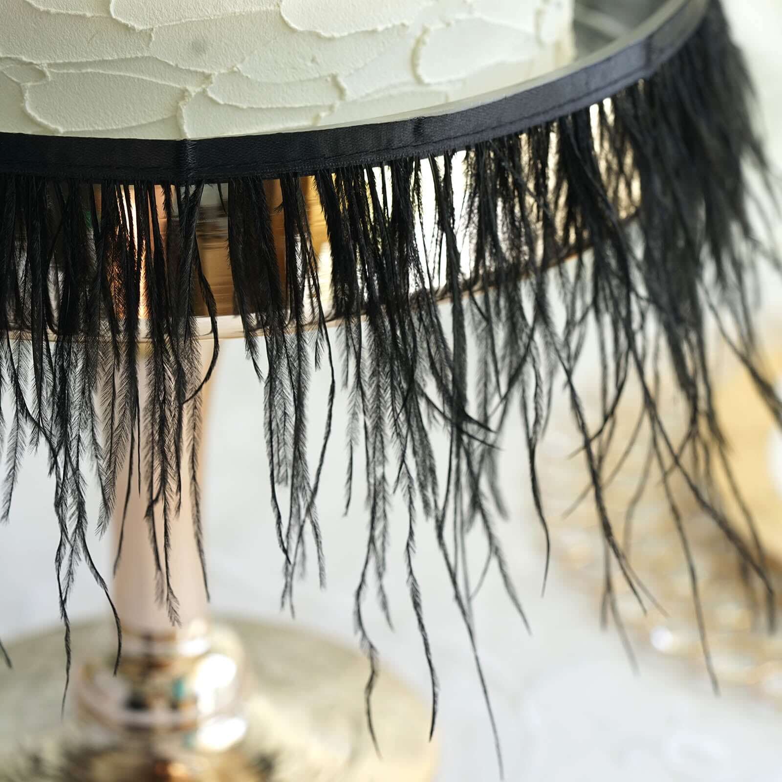 39" Black Real Ostrich Feather Fringe Trim With Satin Ribbon Tape